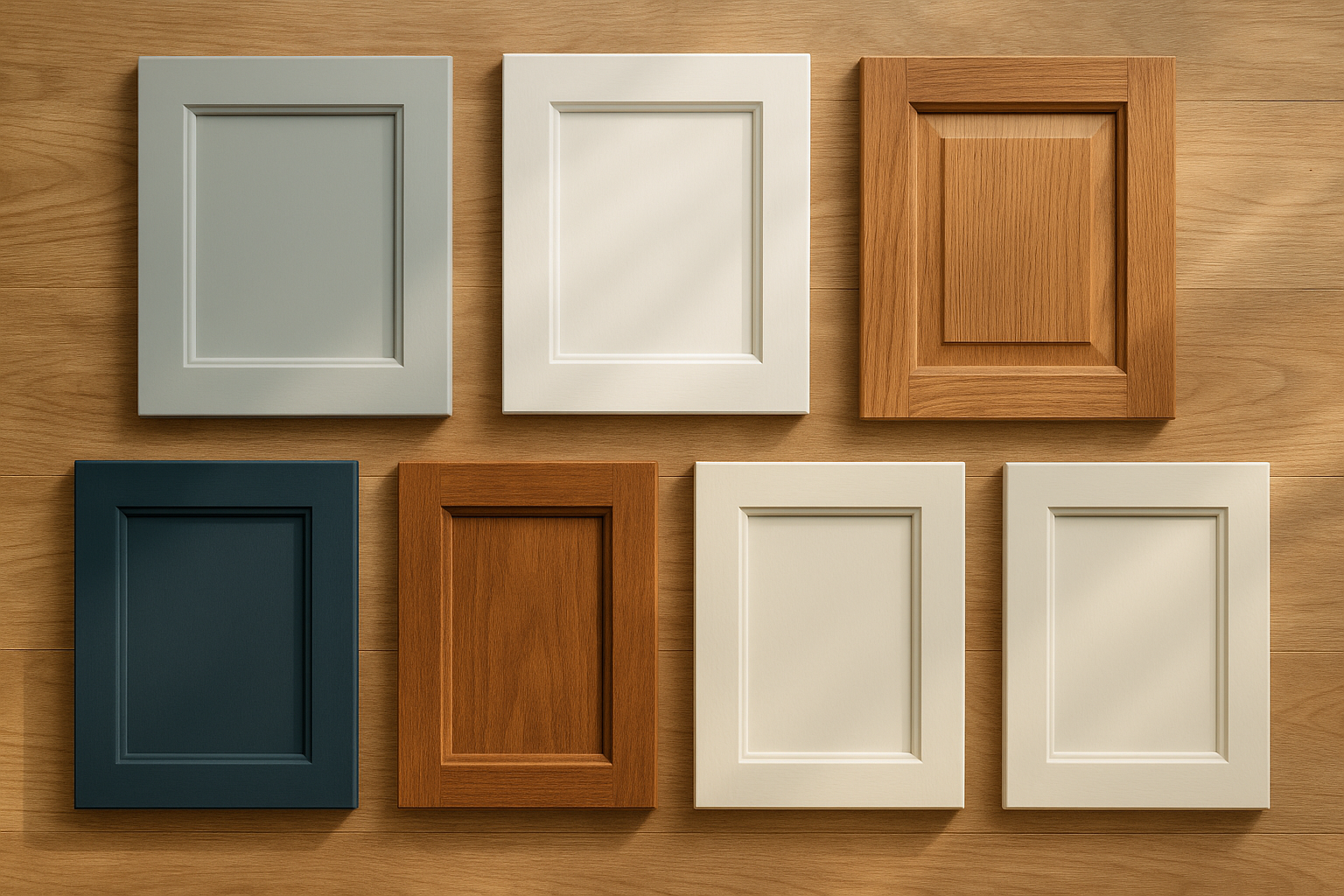 Row of cabinet door style samples showing different paint and stain finish options