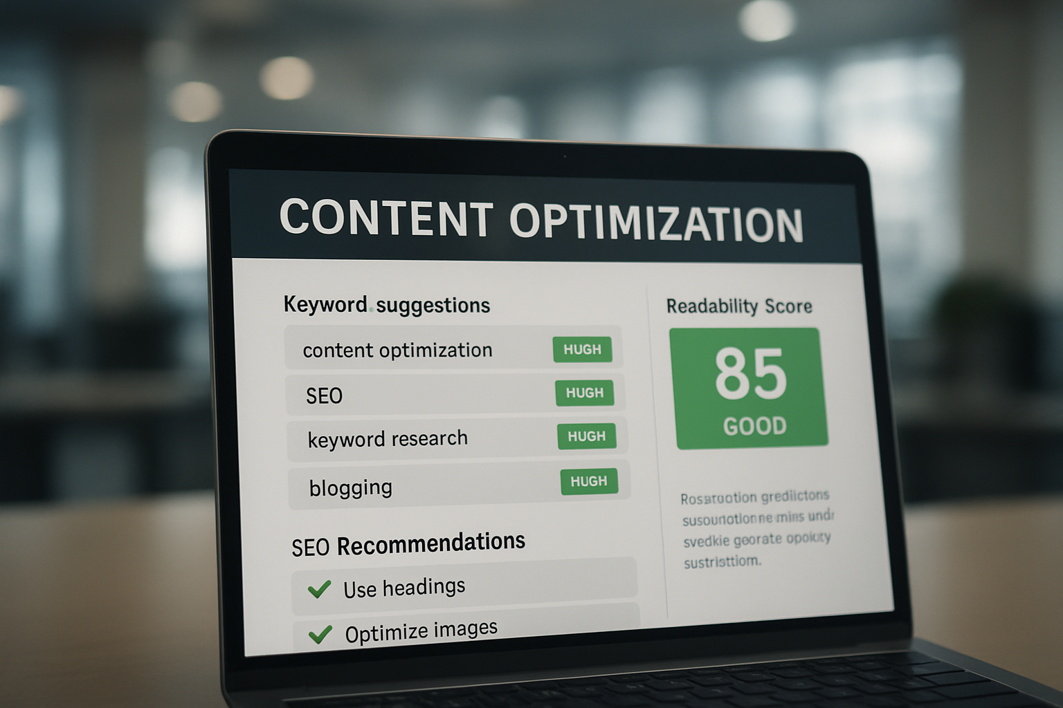Content optimization tool interface showing keyword suggestions and SEO scores for agency clients