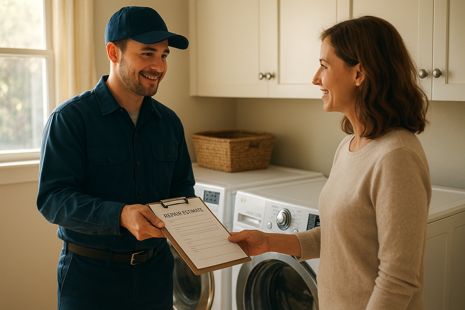 appliance technician reviewing a transparent repair estimate with a homeowner