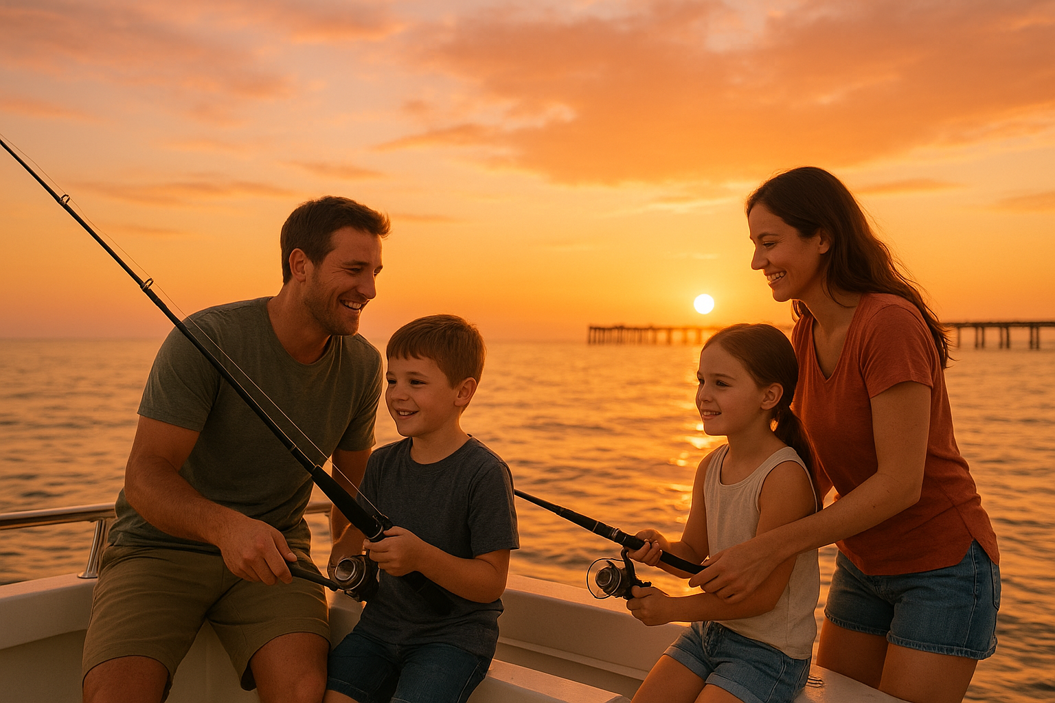 Family enjoying a sunset fishing charter along the Myrtle Beach coastline