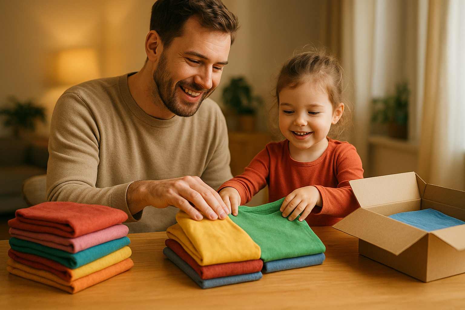 Parent packing a return box for a children's clothing rental swap