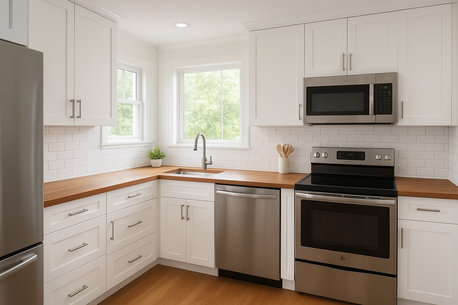 Bath and cabinet experts completing a shaker-style kitchen cabinet refacing project