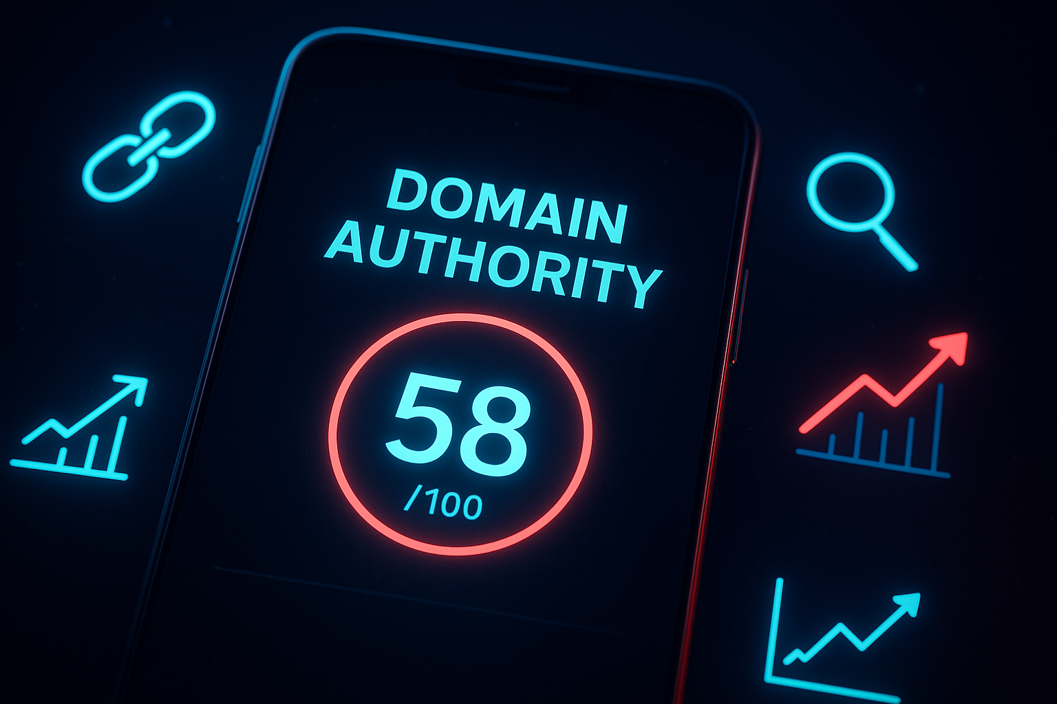 Smartphone screen showing a domain authority score of 58 with backlink and ranking metrics visualized around it