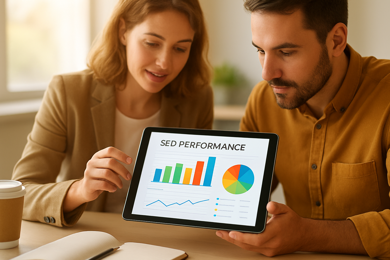 Marketing team reviewing an automated SEO analytics report on a tablet