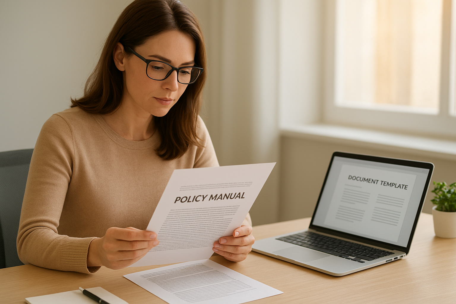 HR professional reviewing an HR policy manual template on a laptop