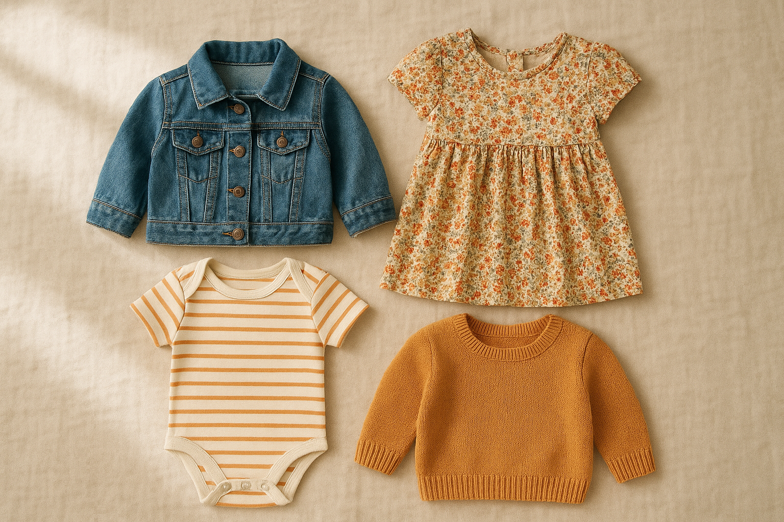 Curated selection of stylish kids clothes rental items laid out on a cream linen surface