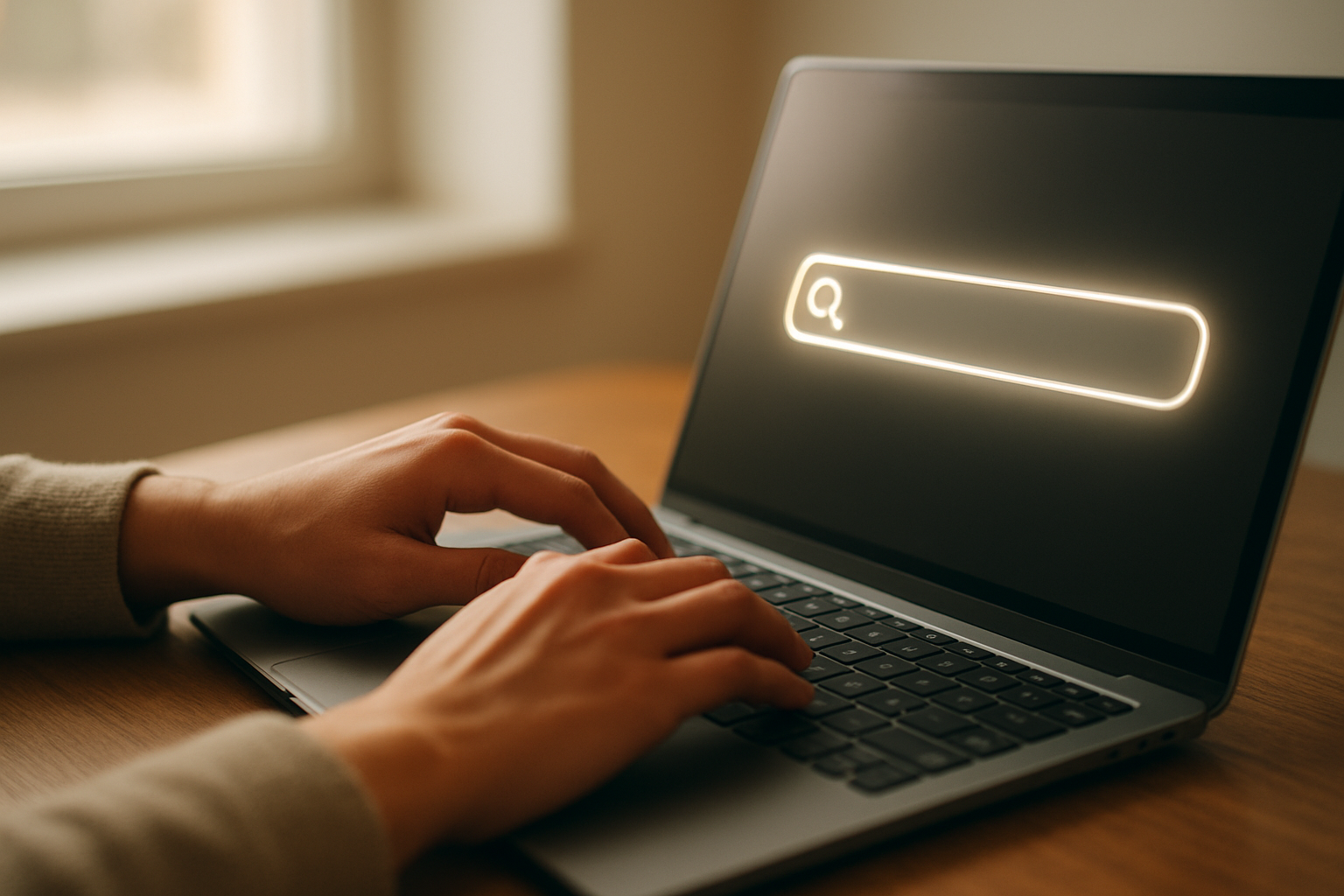 Person typing a search query into a laptop, representing everyday use of search engines
