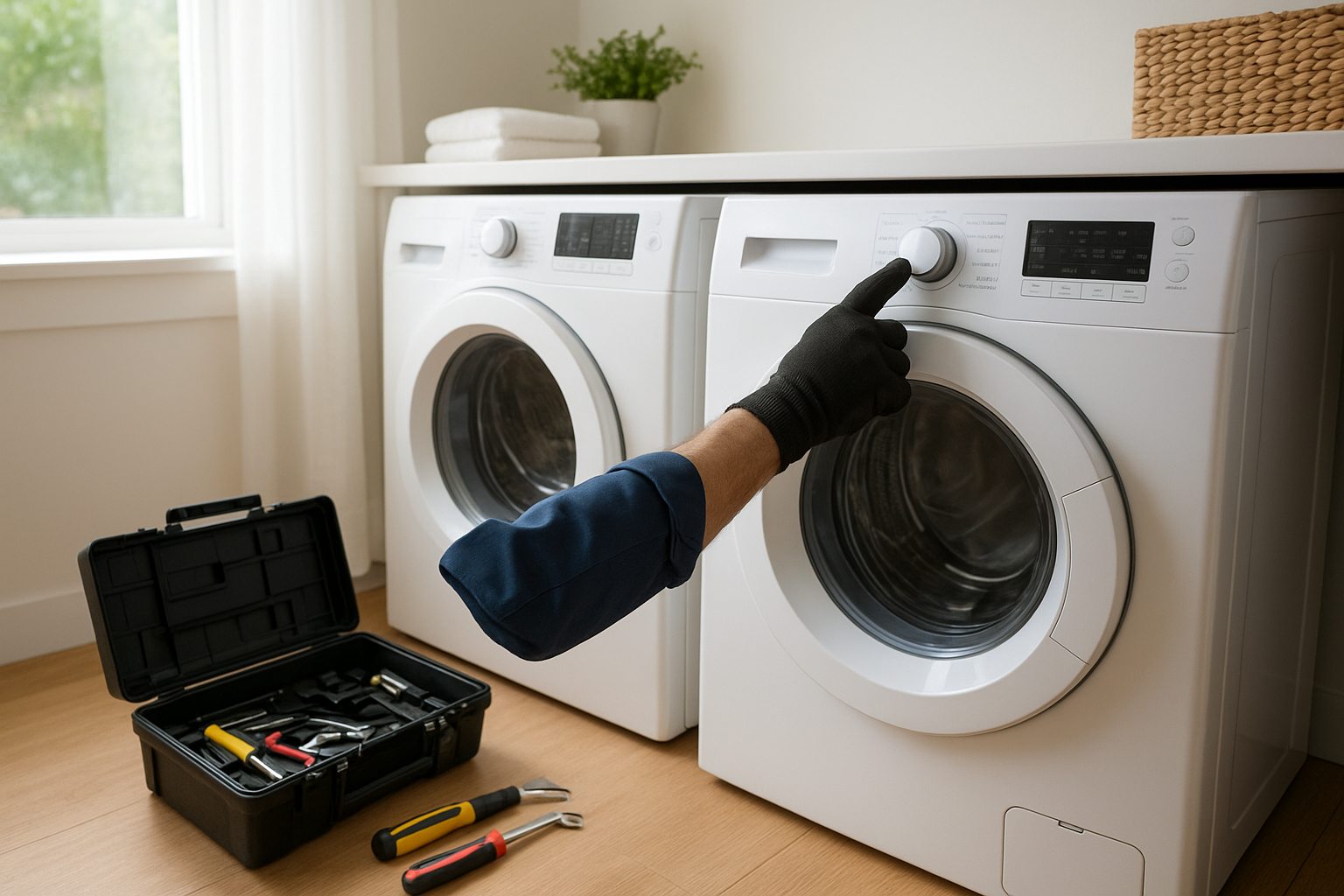 Technician repairing a washer and dryer during an affordable appliance repair appointment
