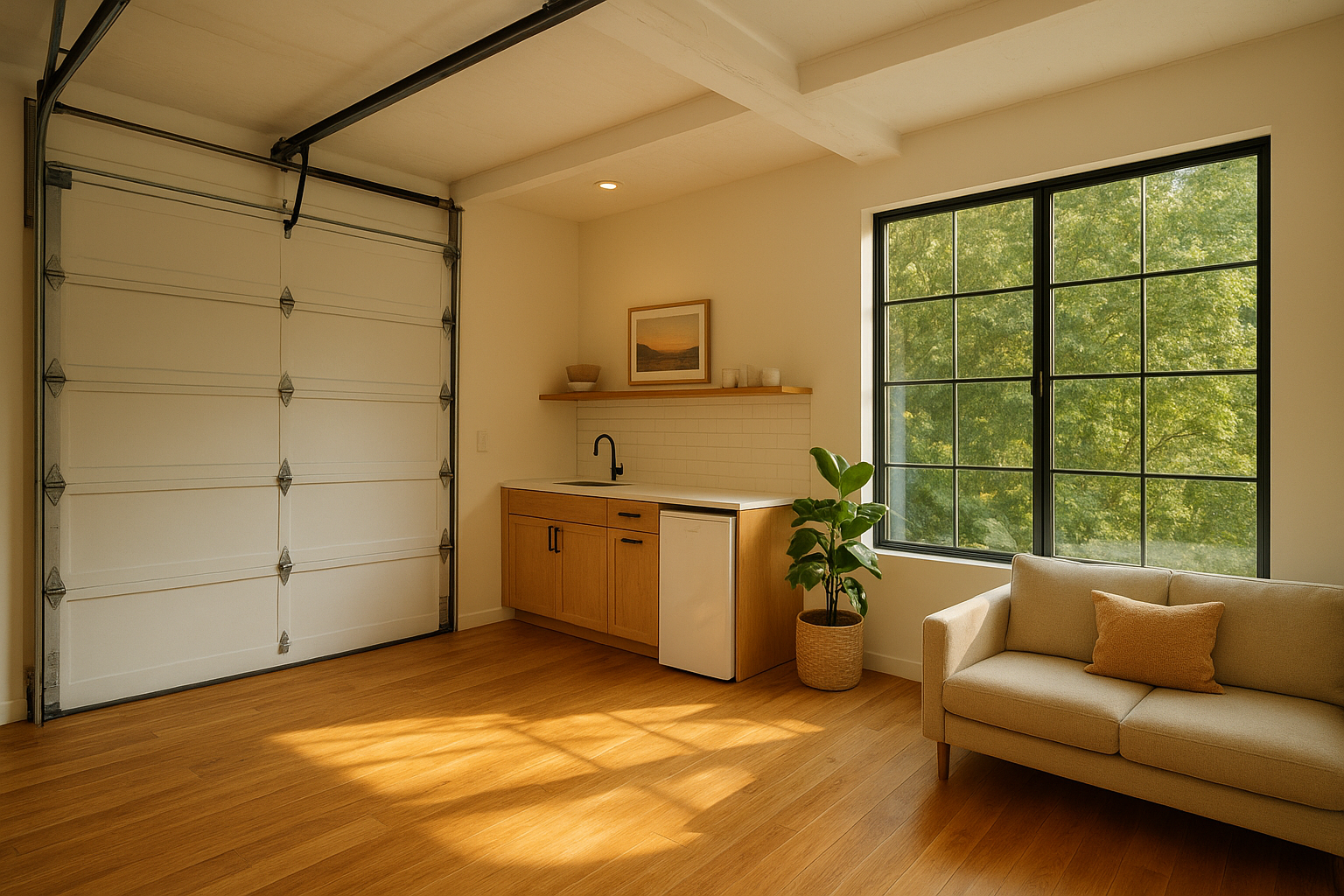 Interior of a completed garage conversion to ADU with kitchenette and natural light