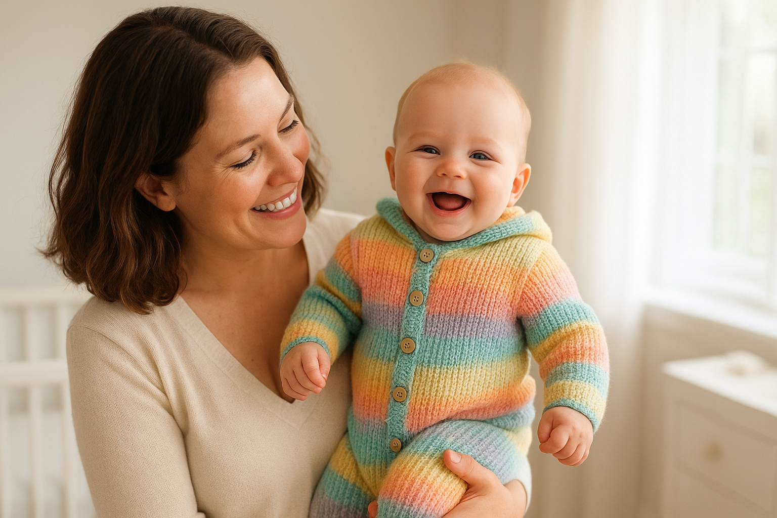 Happy baby wearing premium rental baby clothes in a bright nursery setting