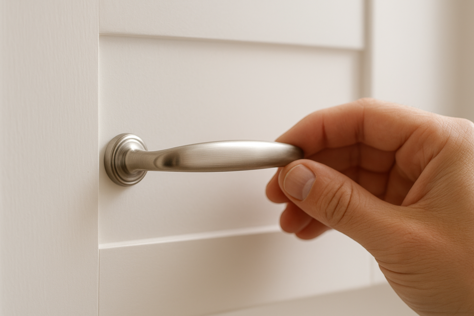 Hand installing new cabinet hardware as part of a fast kitchen refresh