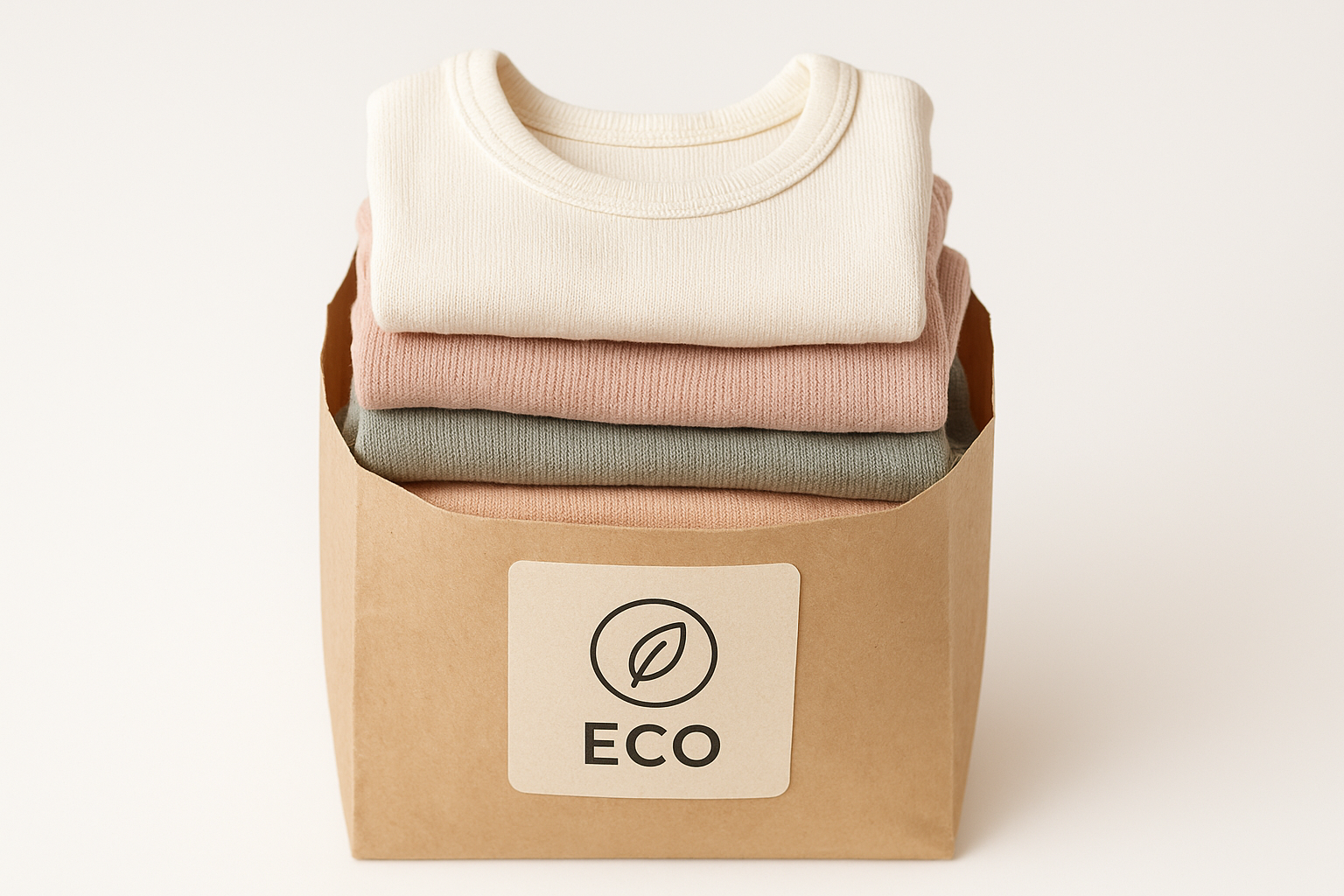 Folded organic cotton kids rental clothes packed in a reusable eco return bag