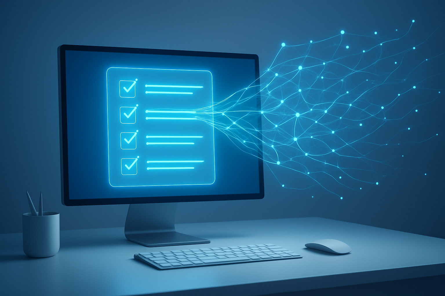 on-page SEO checklist for AI answers displayed on a monitor with neural network visualization