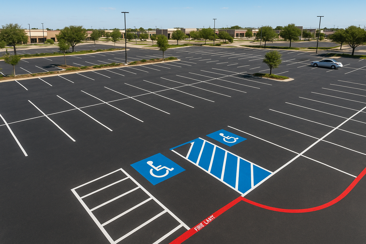 Aerial view of dallas parking lot striping with ADA markings and fire lane designations on clean asphalt