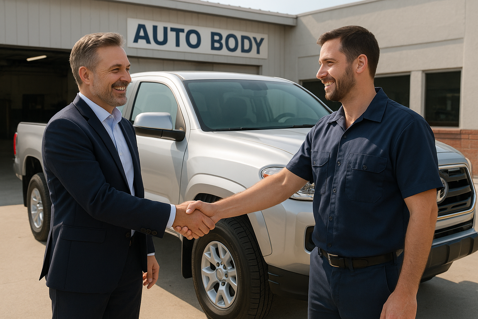 Business owner reviewing a completed fleet vehicle repair with a shop manager outside the facility