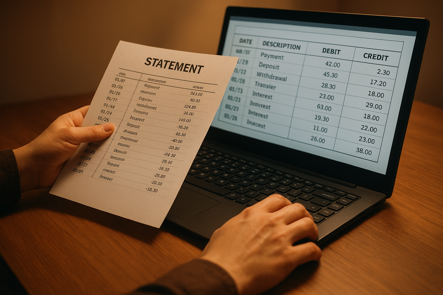 Hands reconciling bank statements against digital records during a financial review
