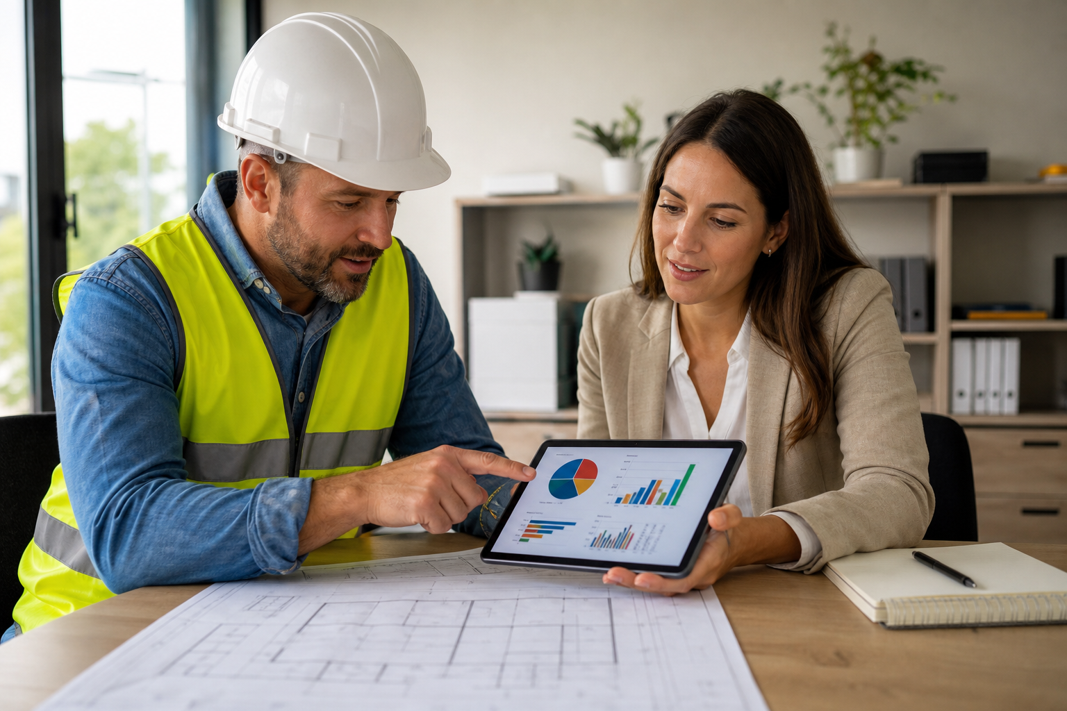 Contractor and office administrator reviewing job profitability charts on a tablet