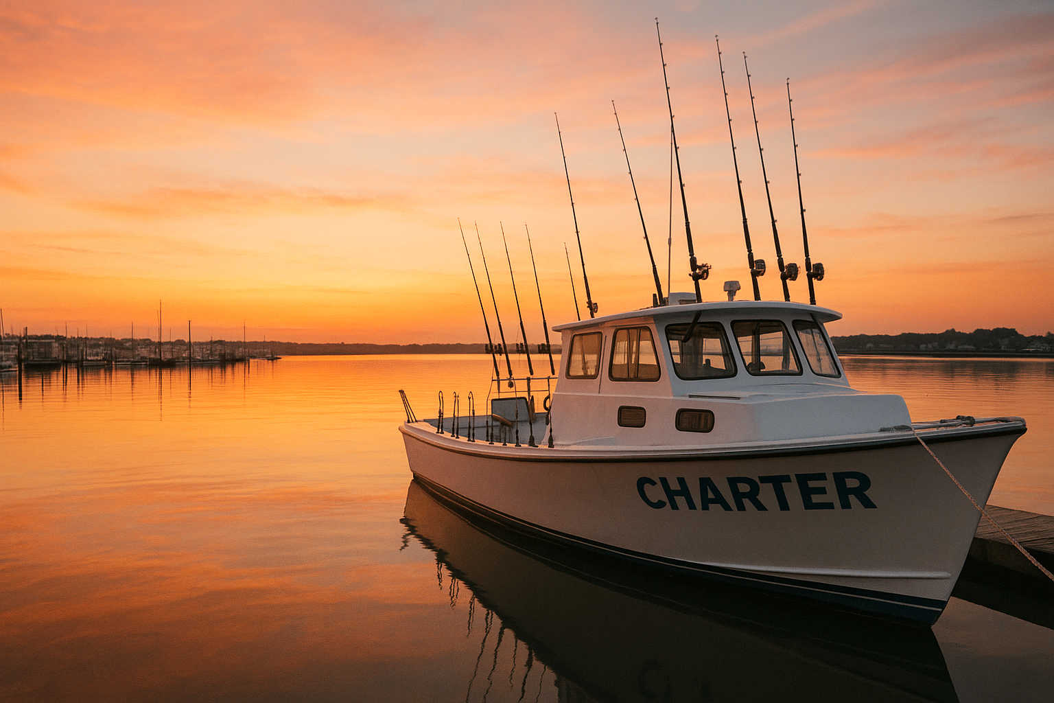 Charter boat docked at sunrise before a North Myrtle Beach fishing trip booking