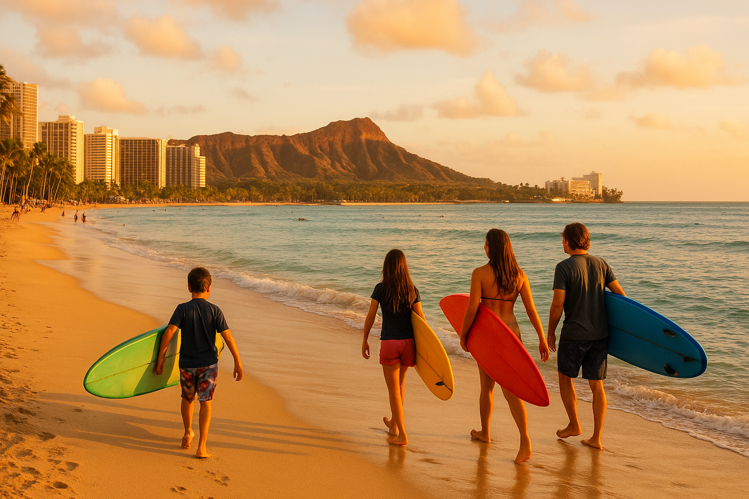 Families carrying surfboards along Waikiki Beach with Diamond Head in the background