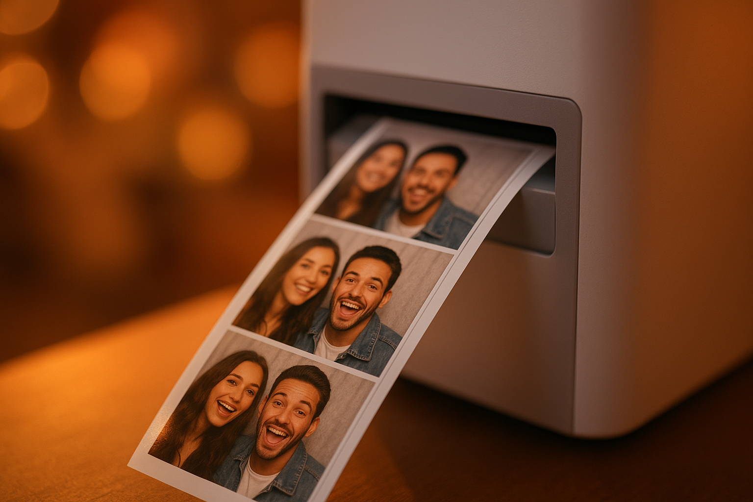 Close-up of a photo booth printer dispensing a freshly printed photo strip during an event