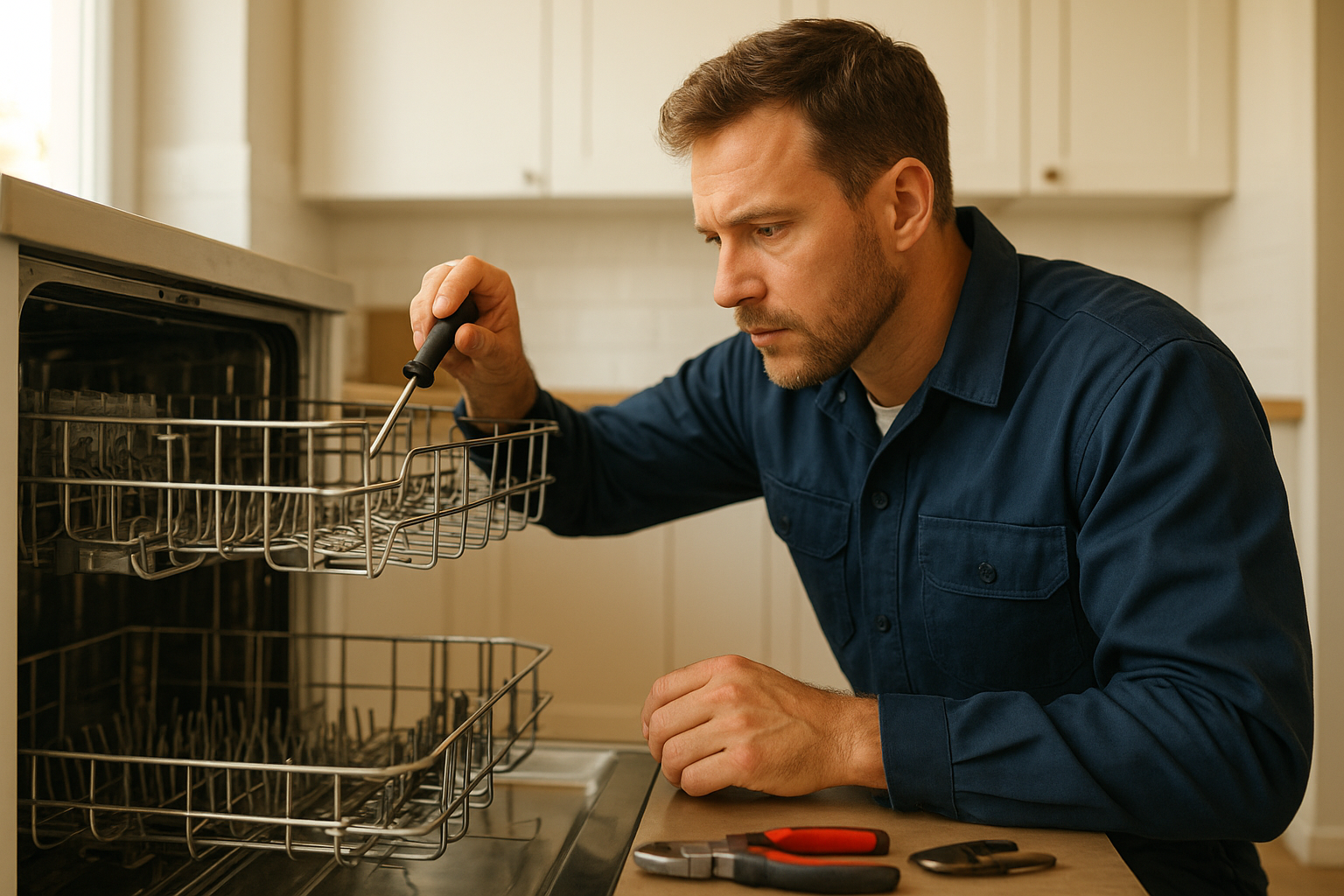 Technician inspecting dishwasher during dishwasher repair Santa Rosa service call