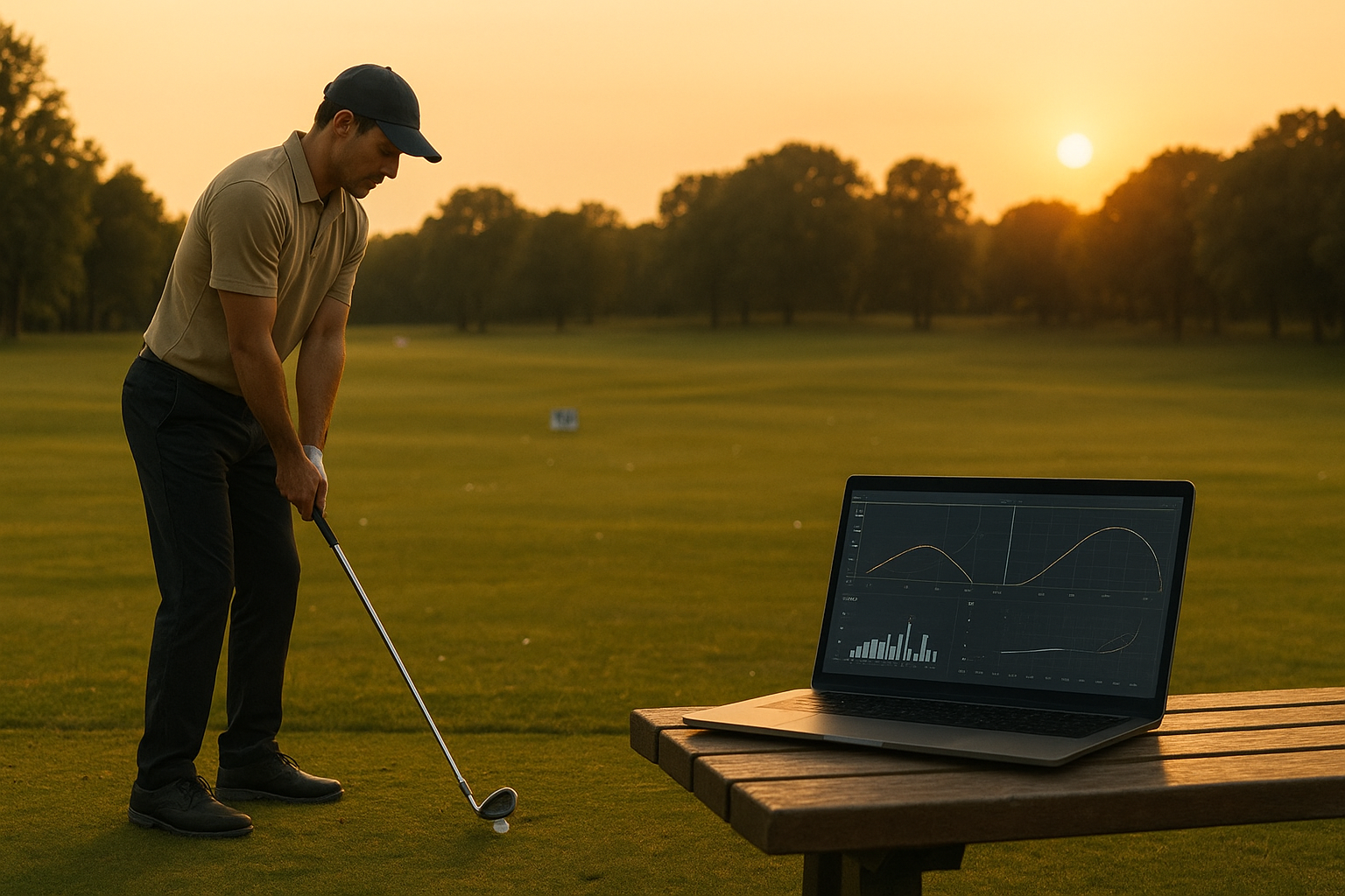 Golfer practicing on a range while reviewing feedback-driven golf coaching charts on a laptop