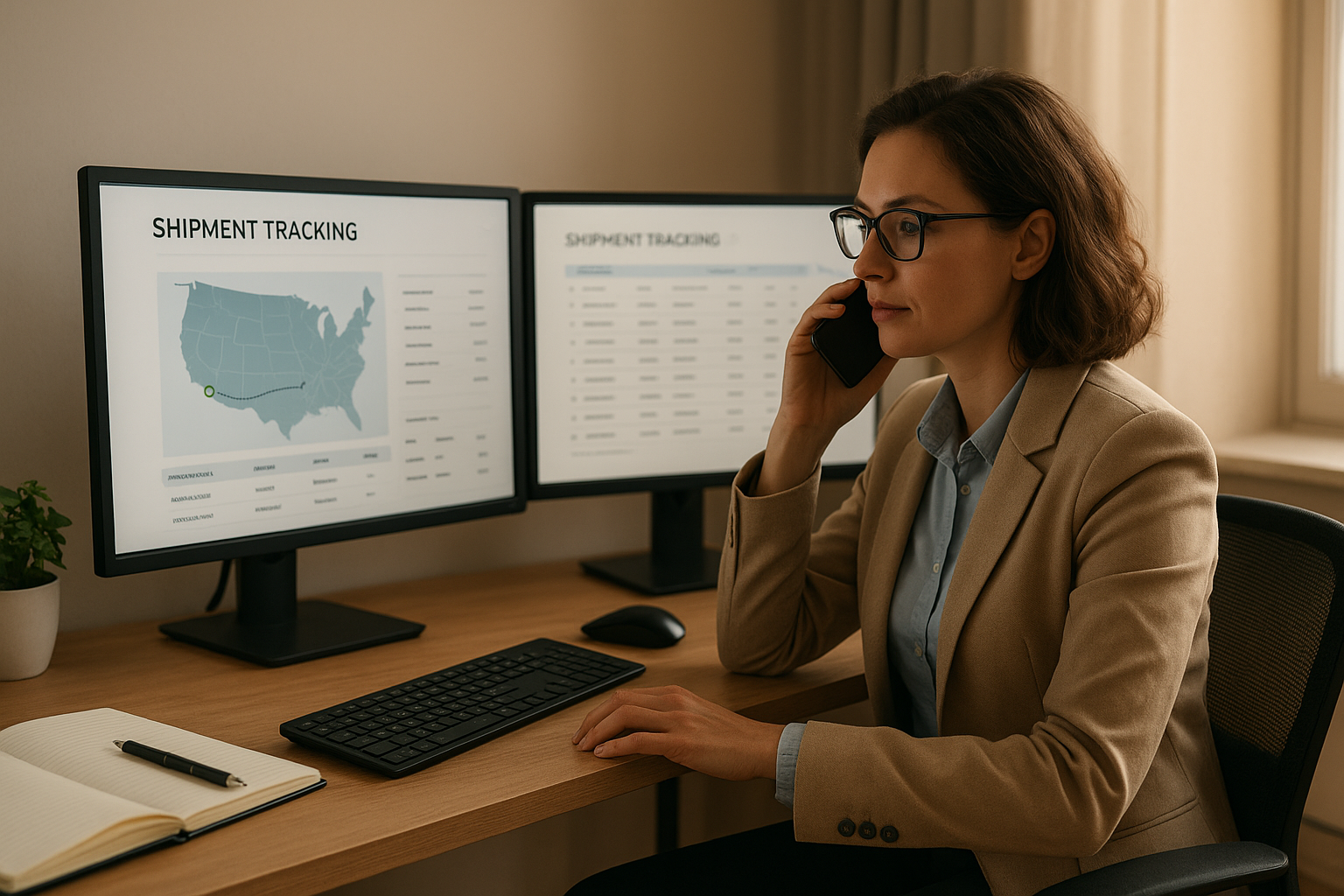 Freight agent tracking a shipment on a laptop while speaking with a carrier by phone