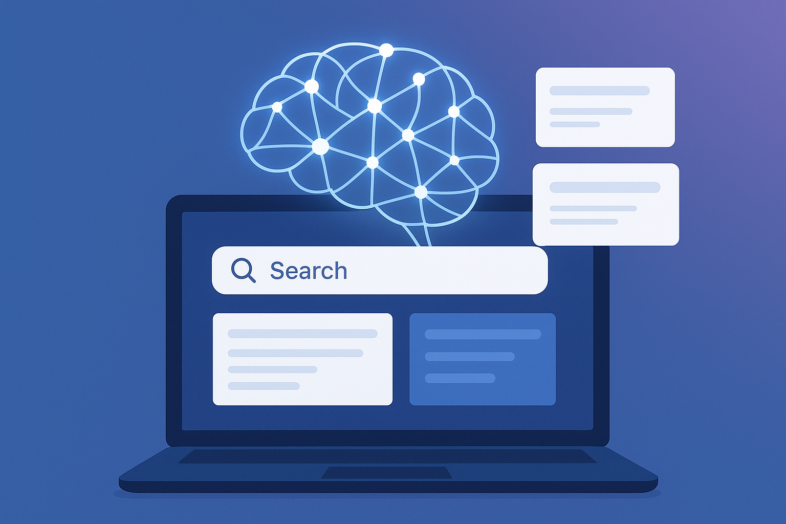 AI search optimization concept showing neural network signals and structured answer cards on a search interface