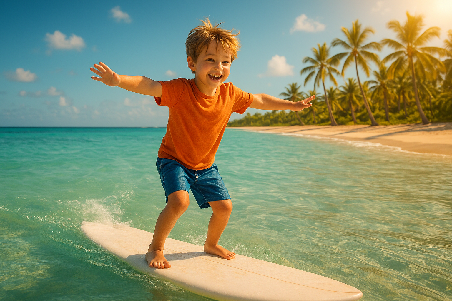 Young child successfully standing on a surfboard during surfing classes for kids in Waikiki