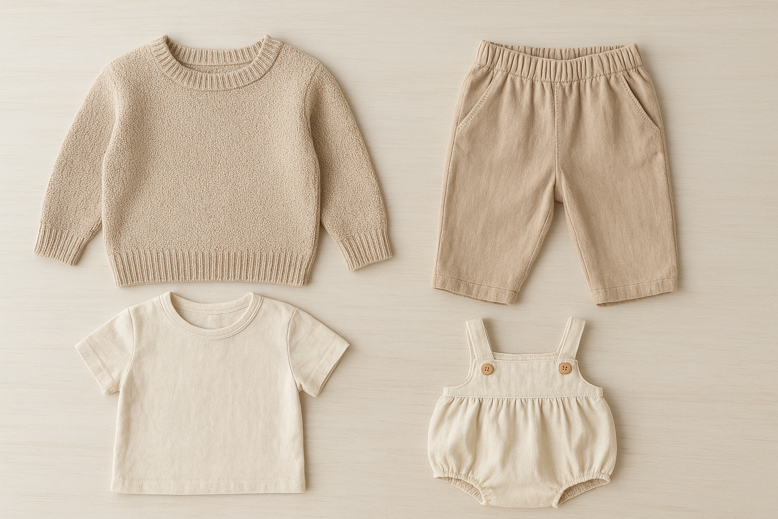 Flat-lay of durable children's clothing pieces used to build a sustainable kids wardrobe