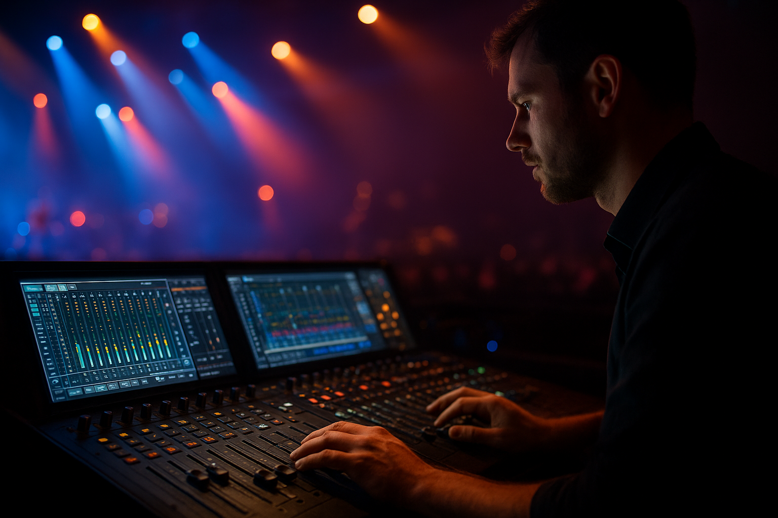 Sound engineer operating a digital mixing console during a live event production