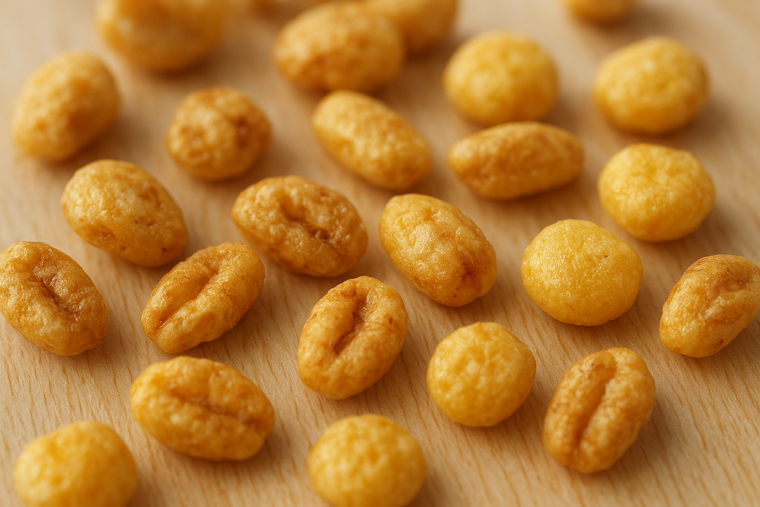 Close-up of puffed whole grain and ancient grain cereal pieces on a wooden surface
