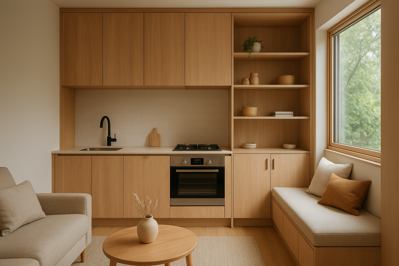 Interior of a custom accessory dwelling unit with built-in cabinetry and natural light