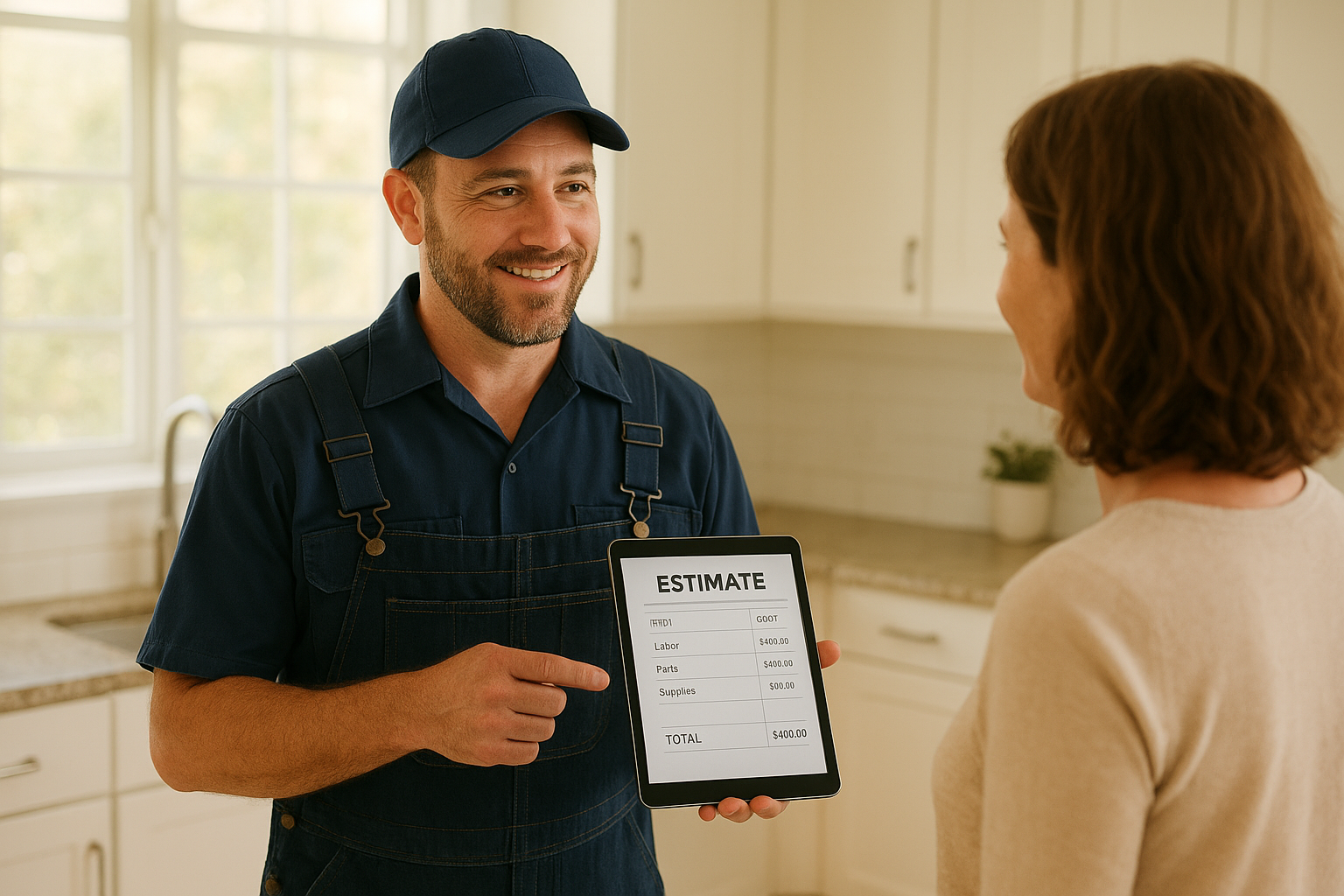 D74524a1_plumber-explaining-written-estimate Plumber explaining transparent plumbing pricing Kaufman County estimate to a homeowner in a kitchen