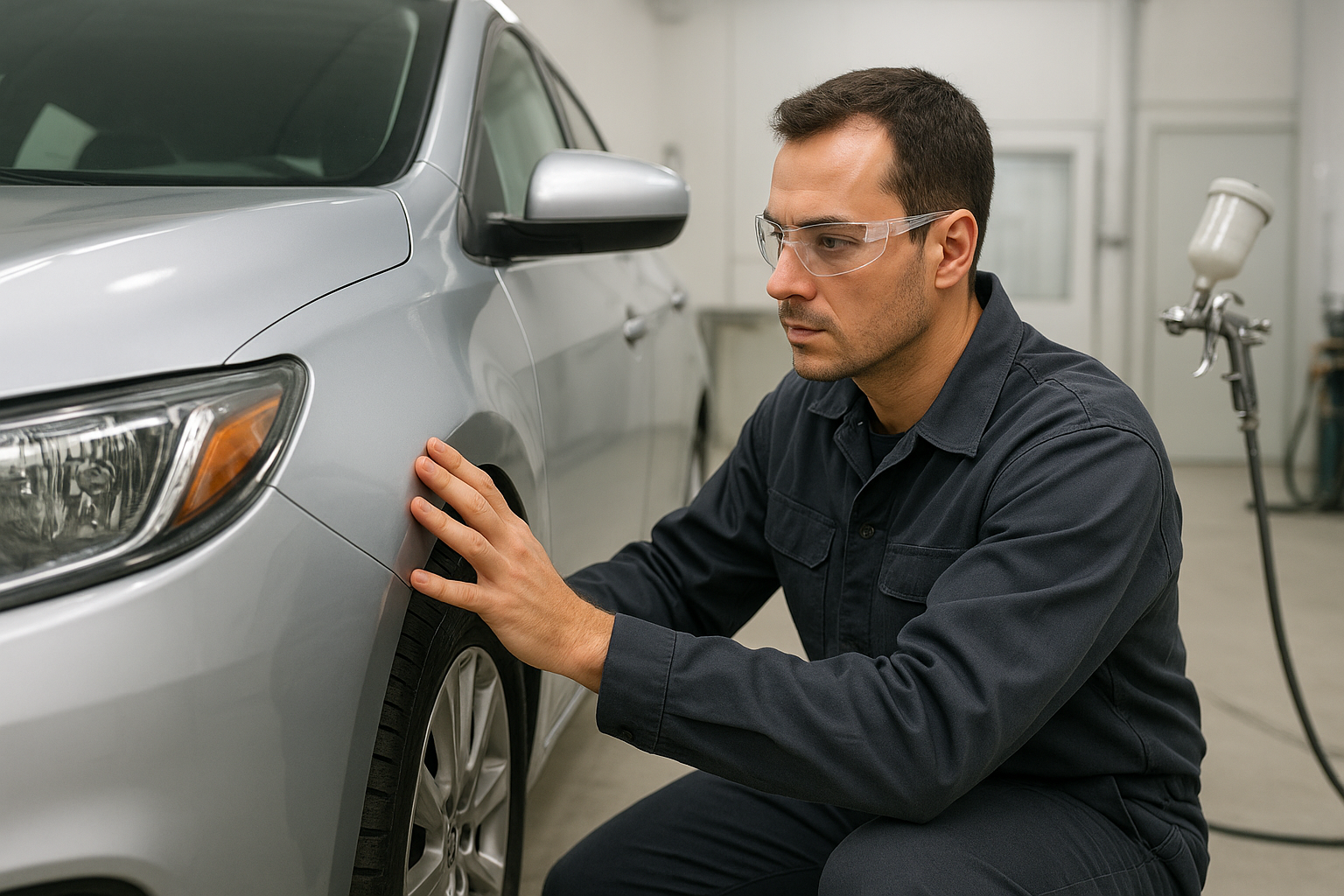Certified technician performing drive auto body panel inspection on a silver sedan