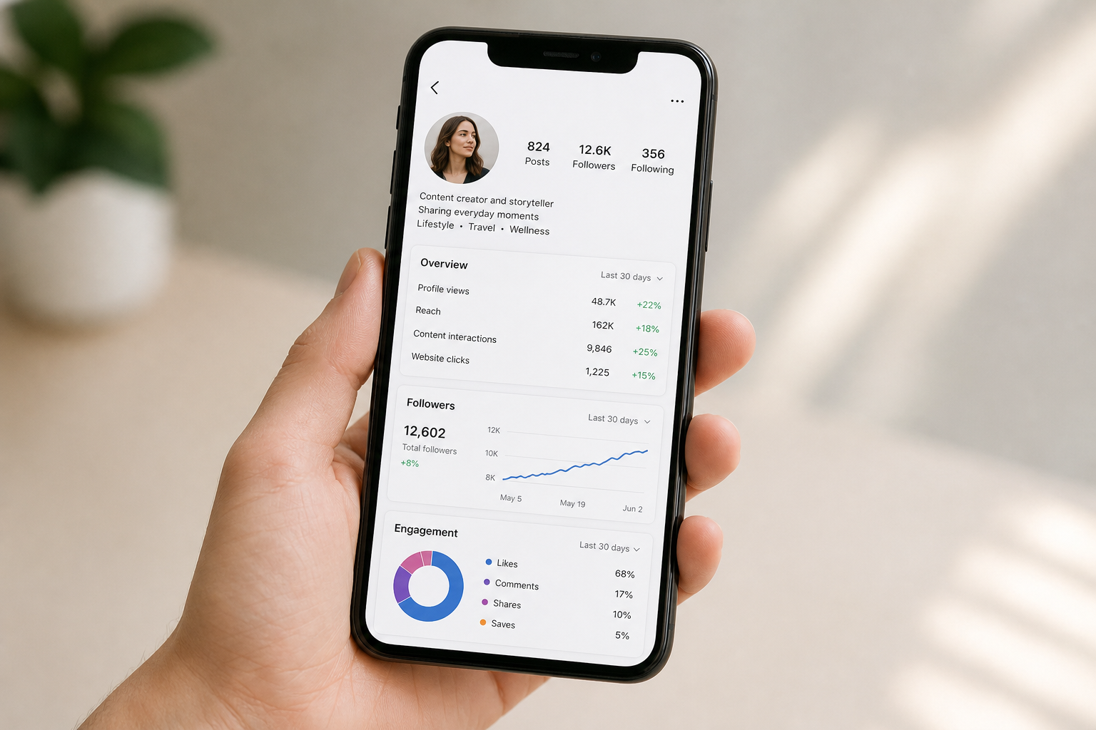 Hand holding a smartphone while checking a creator profile's engagement statistics before an outreach decision