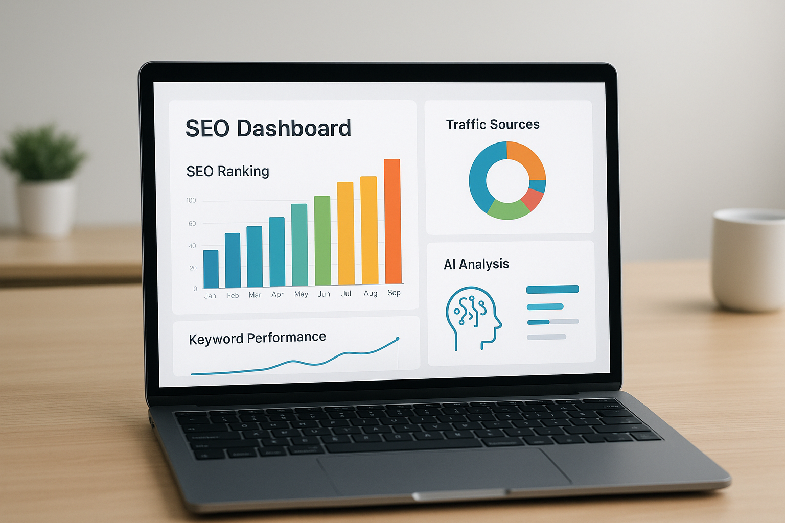 Dashboard screen showing user-friendly AI SEO software analyzing website rankings