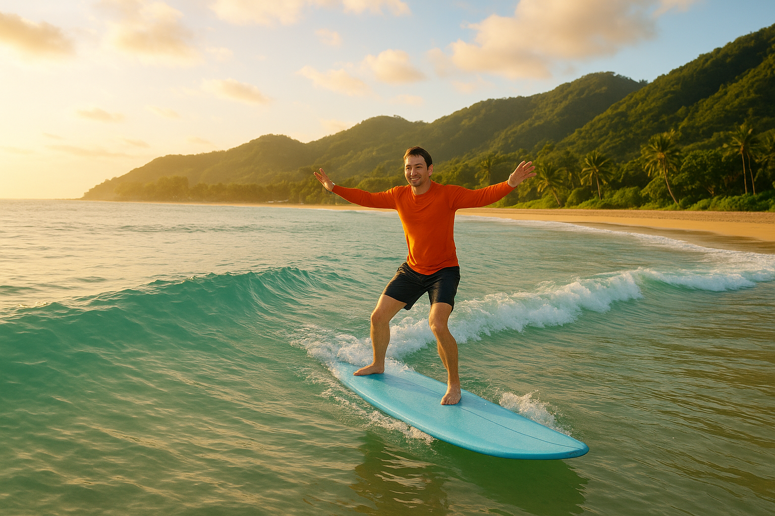 Beginner surfer standing on a foam board during Honolulu surf lessons at Waikiki Beach