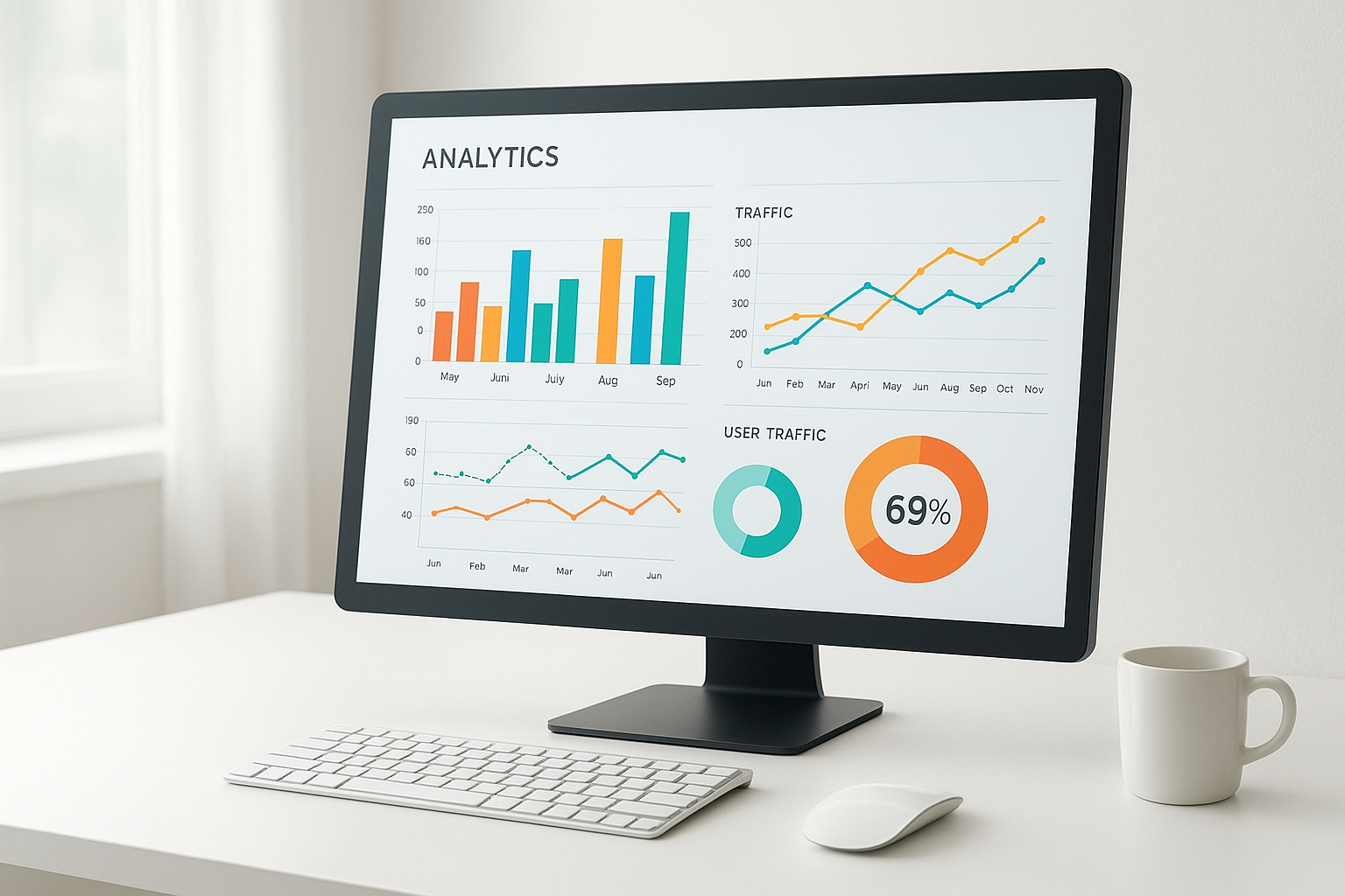 Google Analytics dashboard showing traffic charts and user behavior metrics on a desktop monitor