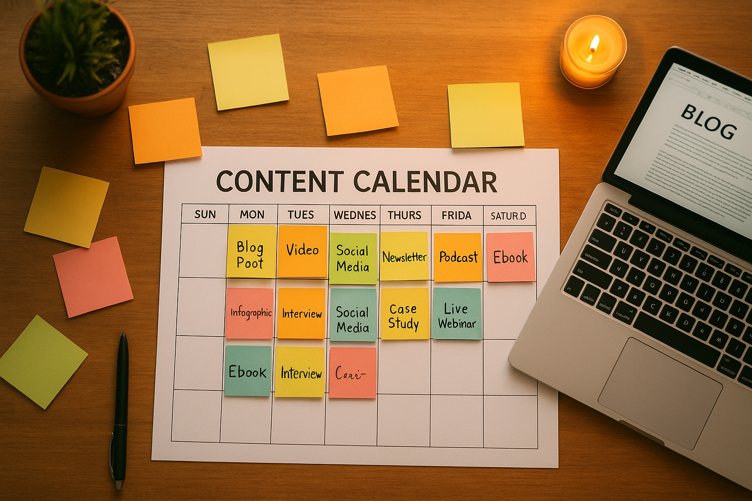 content strategy planning for SEO with a content calendar and blog drafts on a desk