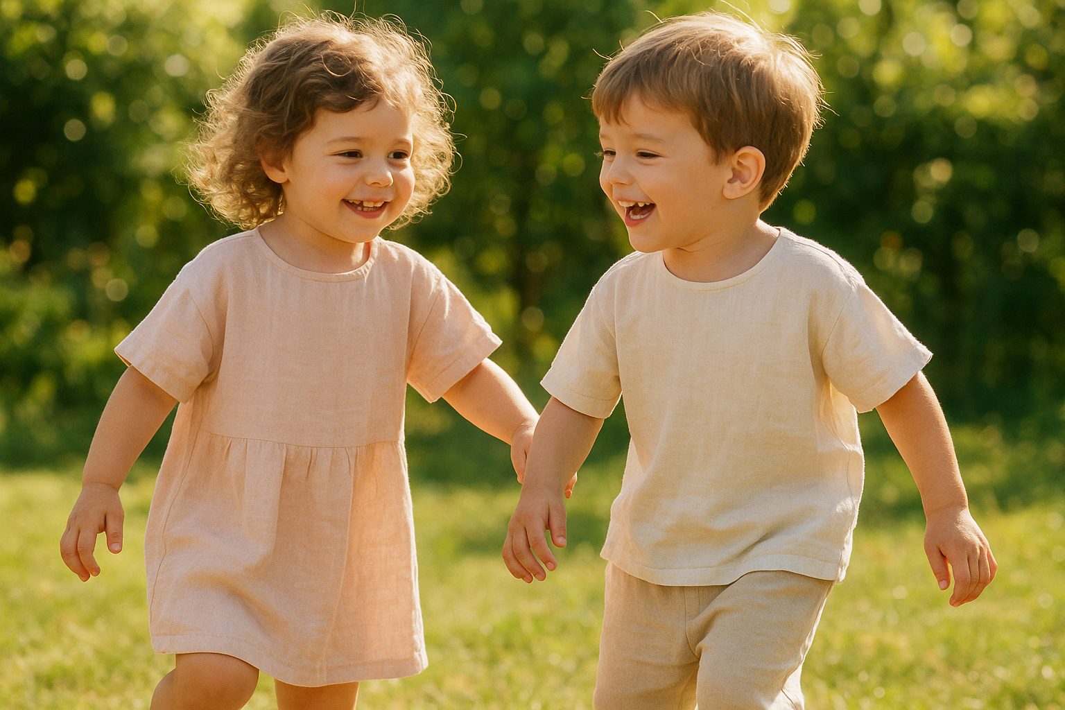 Children making healthy clothing choices for kids by wearing breathable natural-fiber outfits outdoors