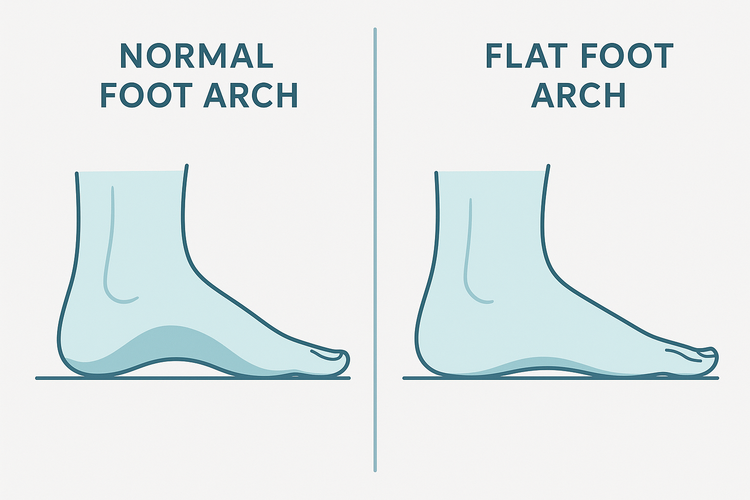 Diagram comparing a normal foot arch with a flattened arch typical of flat feet