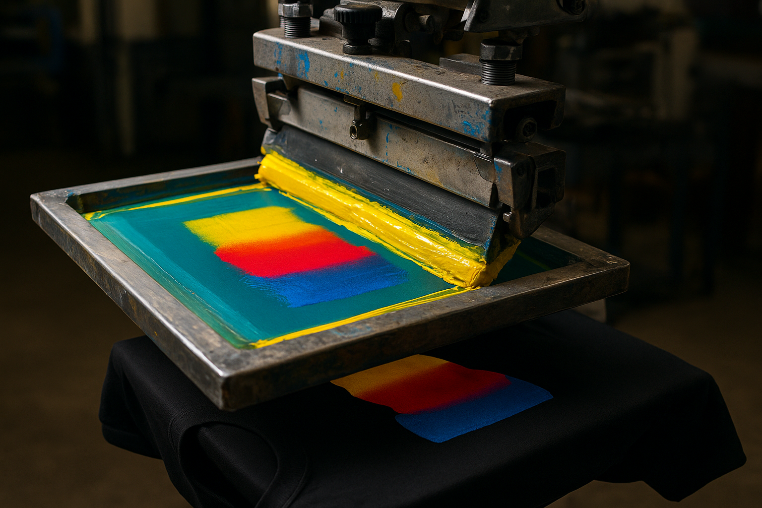 Screen printing press applying ink for bulk custom t-shirt orders