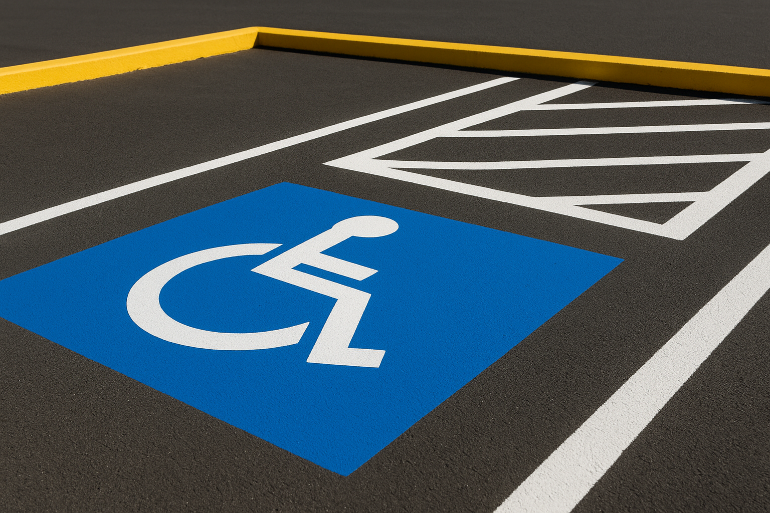 ADA-compliant handicap parking stall with blue symbol and white access aisle lines as part of a professional striping project