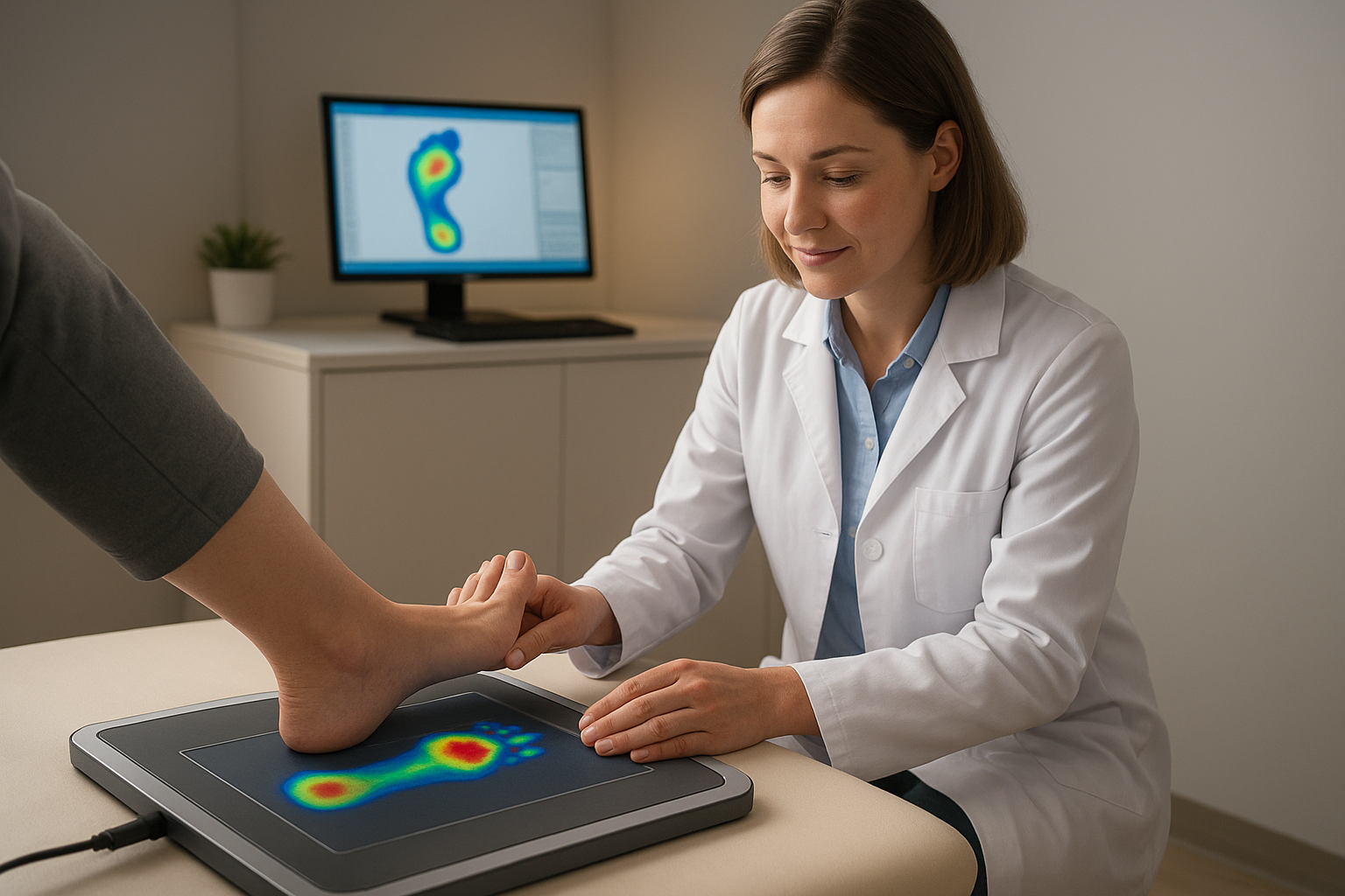 Podiatrist conducting a foot pressure analysis to design diabetic orthotic insoles