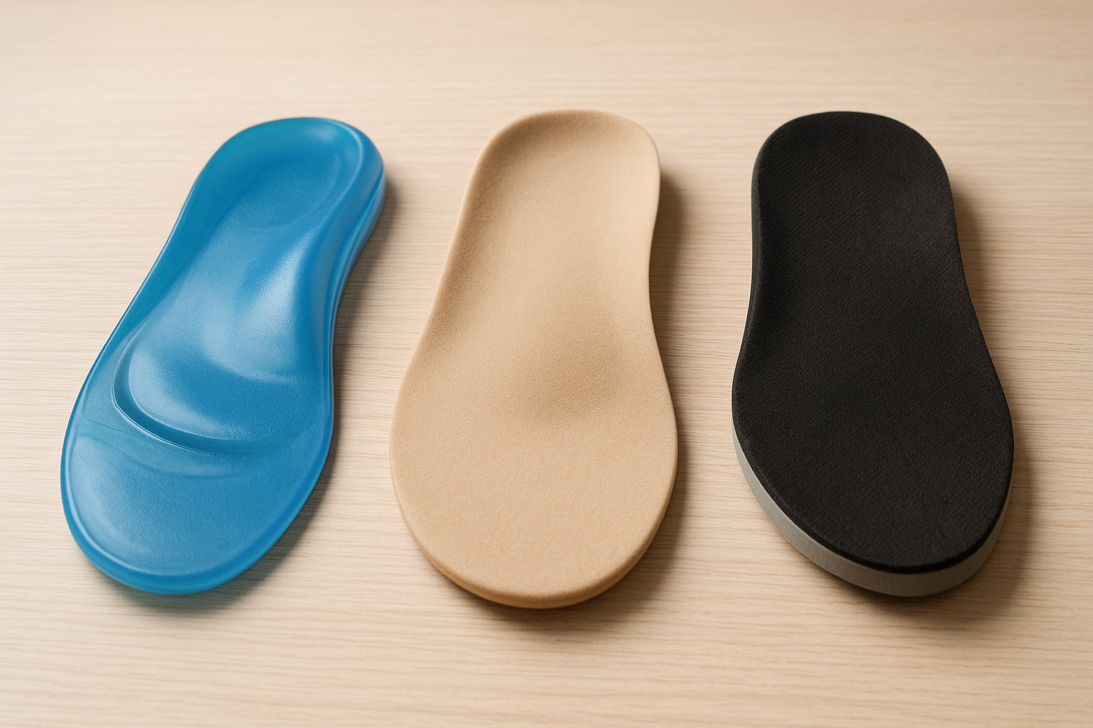 Three affordable insoles for foot pain showing different arch support levels and materials