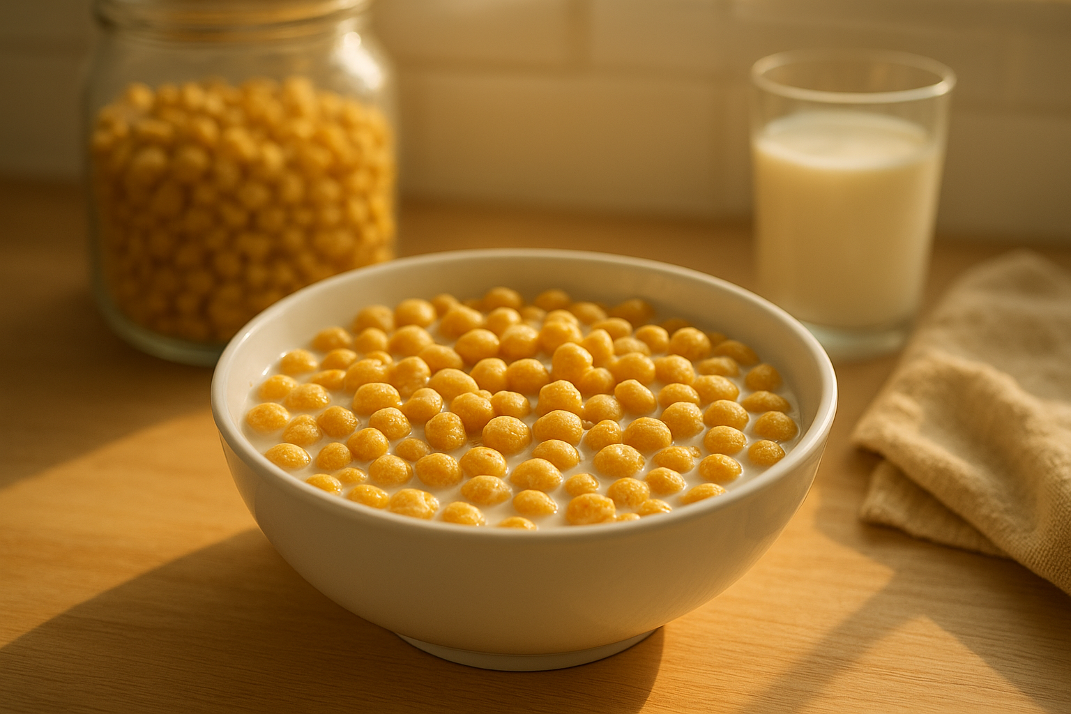 Bowl of healthy kids breakfast cereal made from puffed whole grains