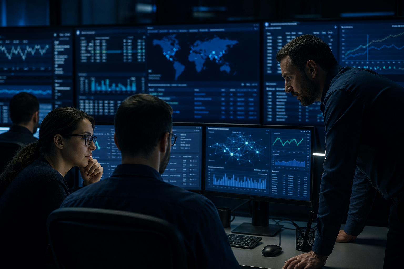 Security operations team reviewing access and compliance dashboards for a government AI deployment