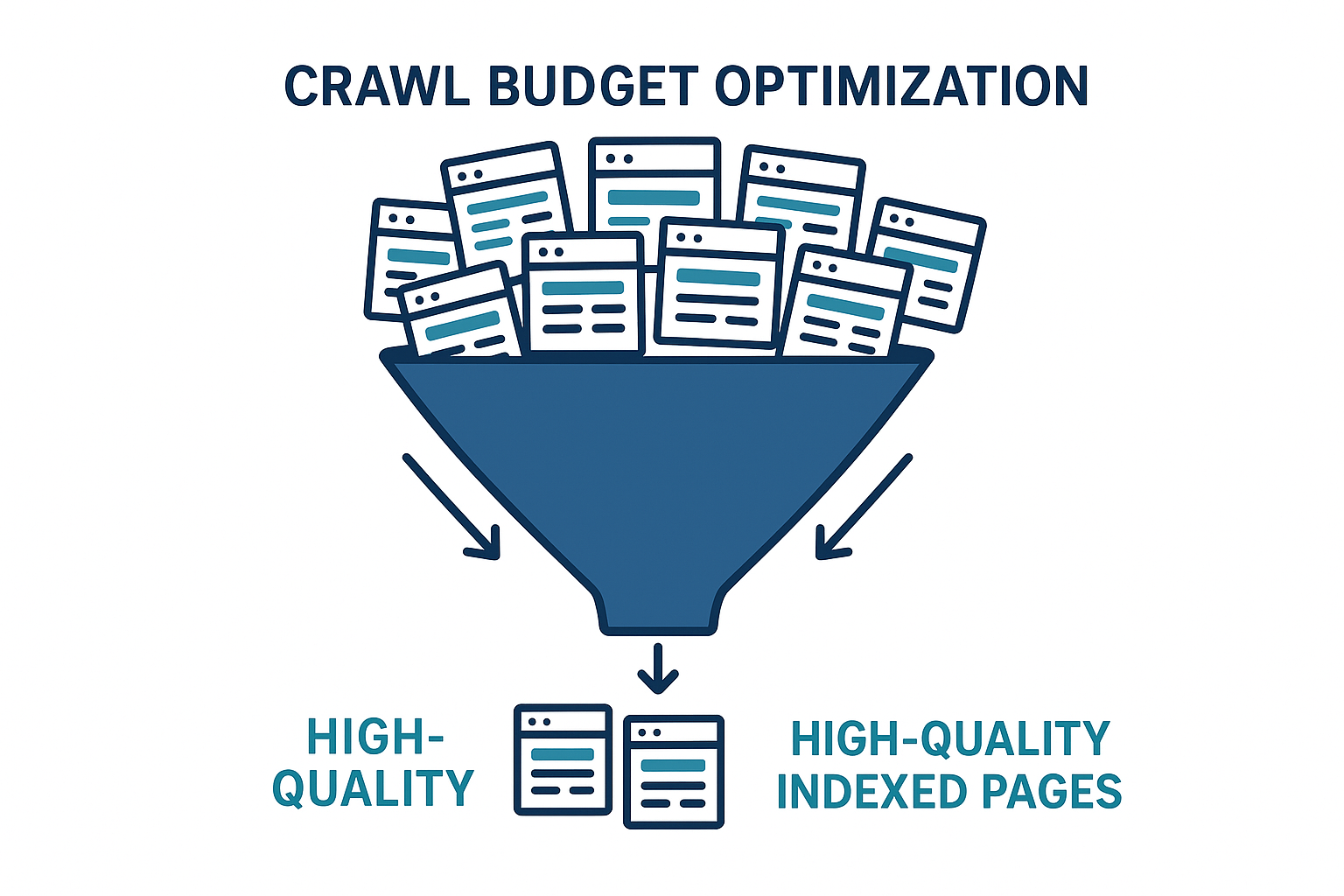 Infographic showing how crawl budget optimization filters pages when search engines crawl websites