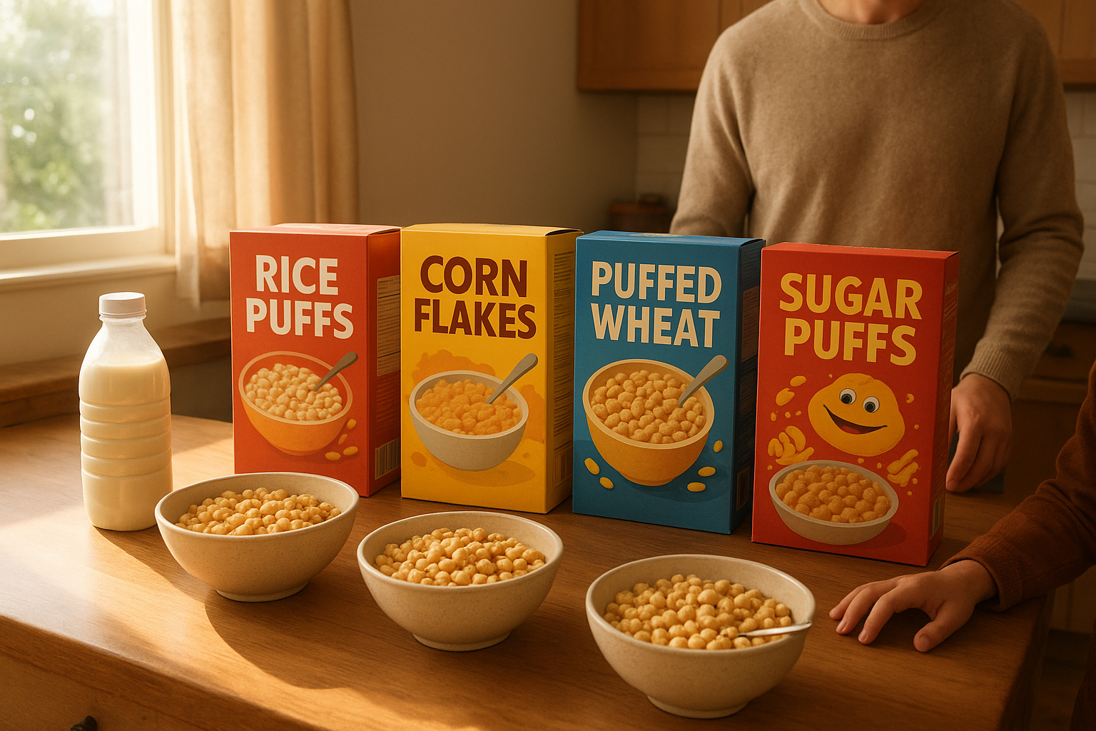 Kitchen counter with bowls of puffed cereal and cereal boxes in morning light